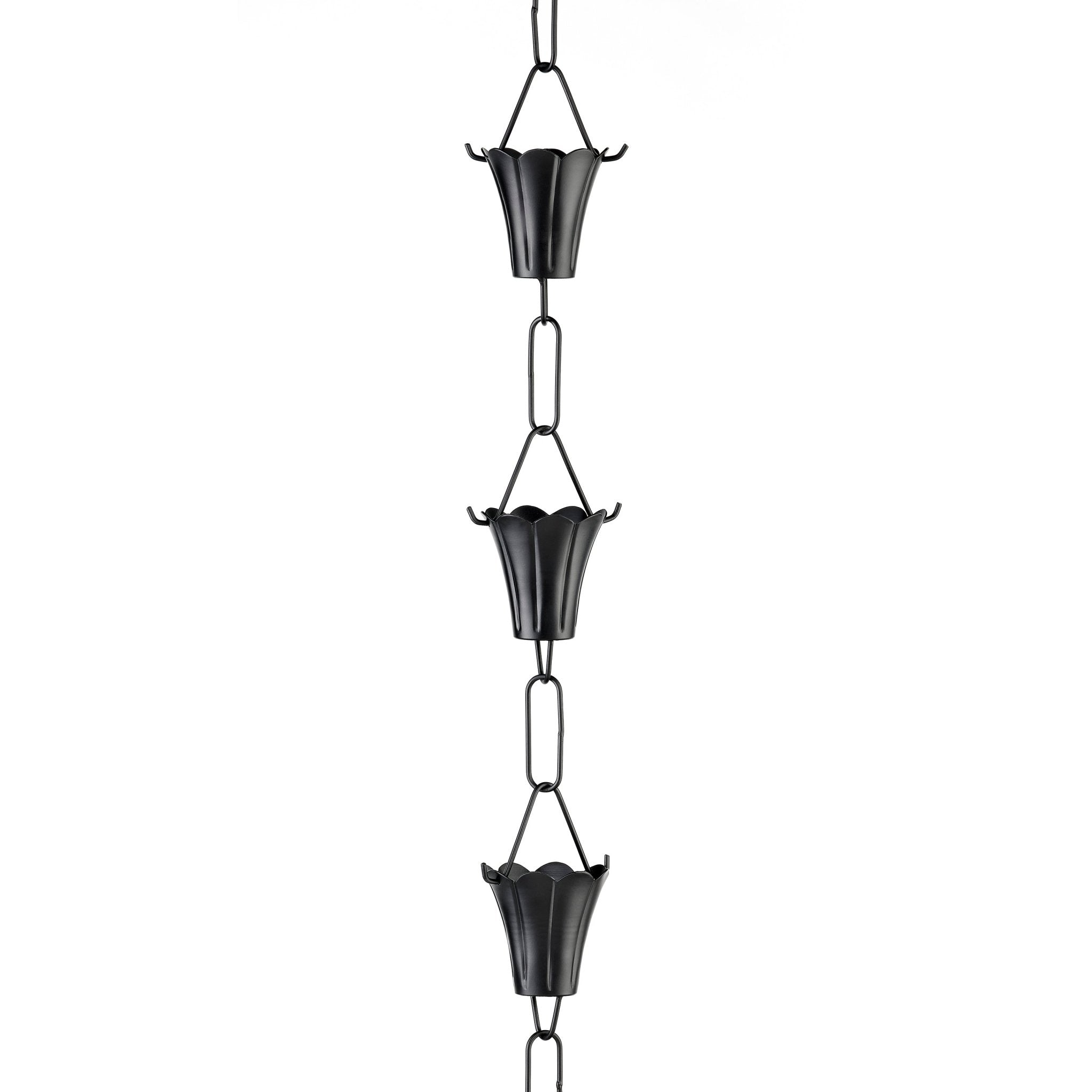 Fluted Flower Black Aluminum 8.5 ft. Rain Chain with Gutter Installation Clip - Evira