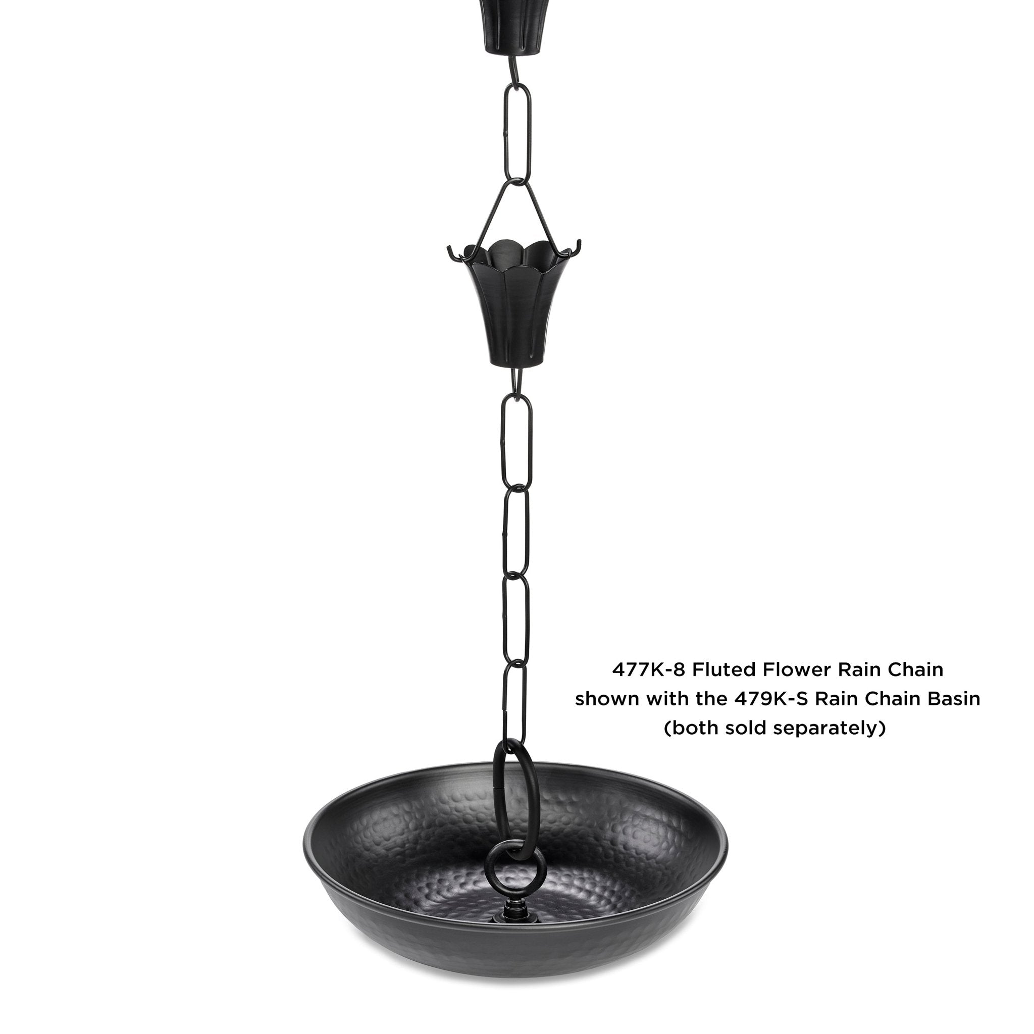 Fluted Flower Black Aluminum 8.5 ft. Rain Chain with Gutter Installation Clip - Evira