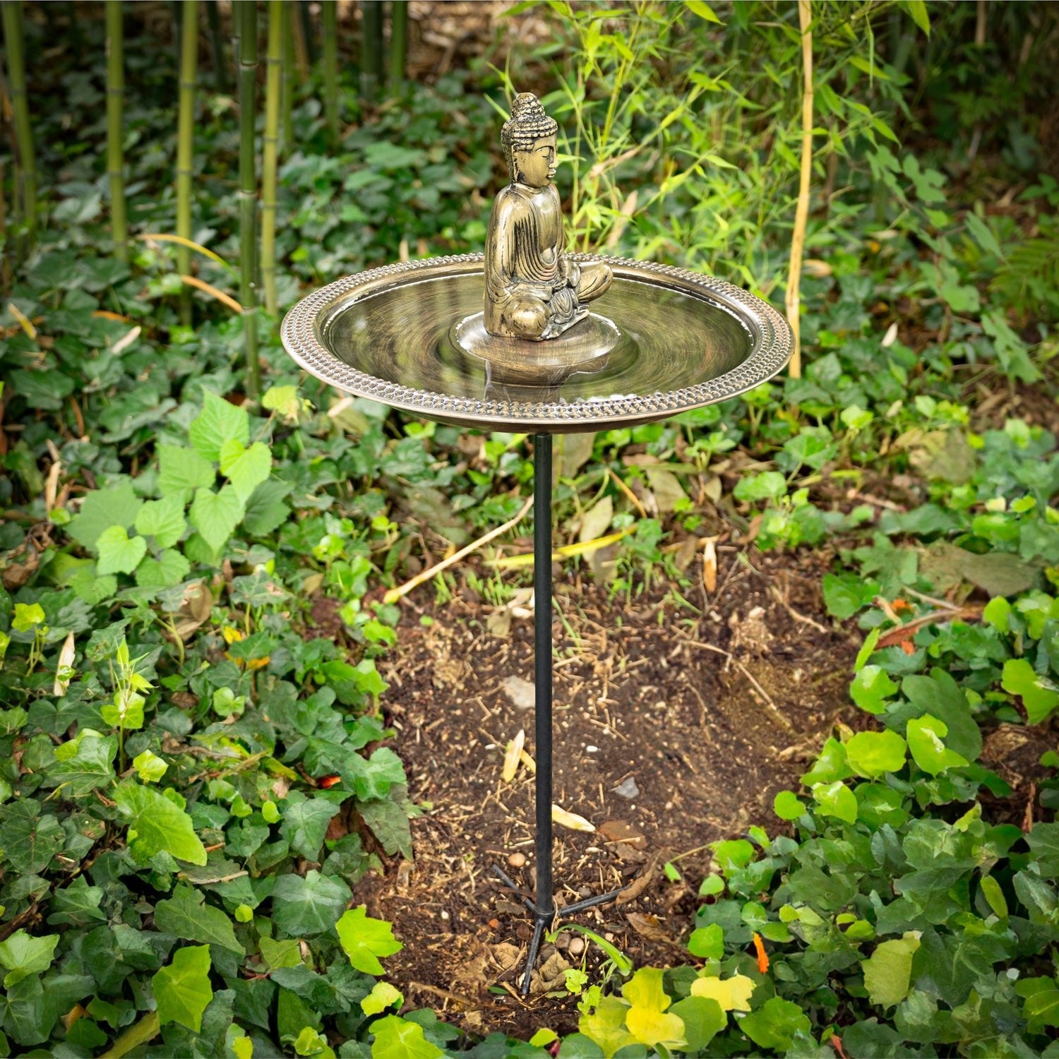 18" Beaded Copper Birdbath with Meditating Buddha and Garden Pole - Evira