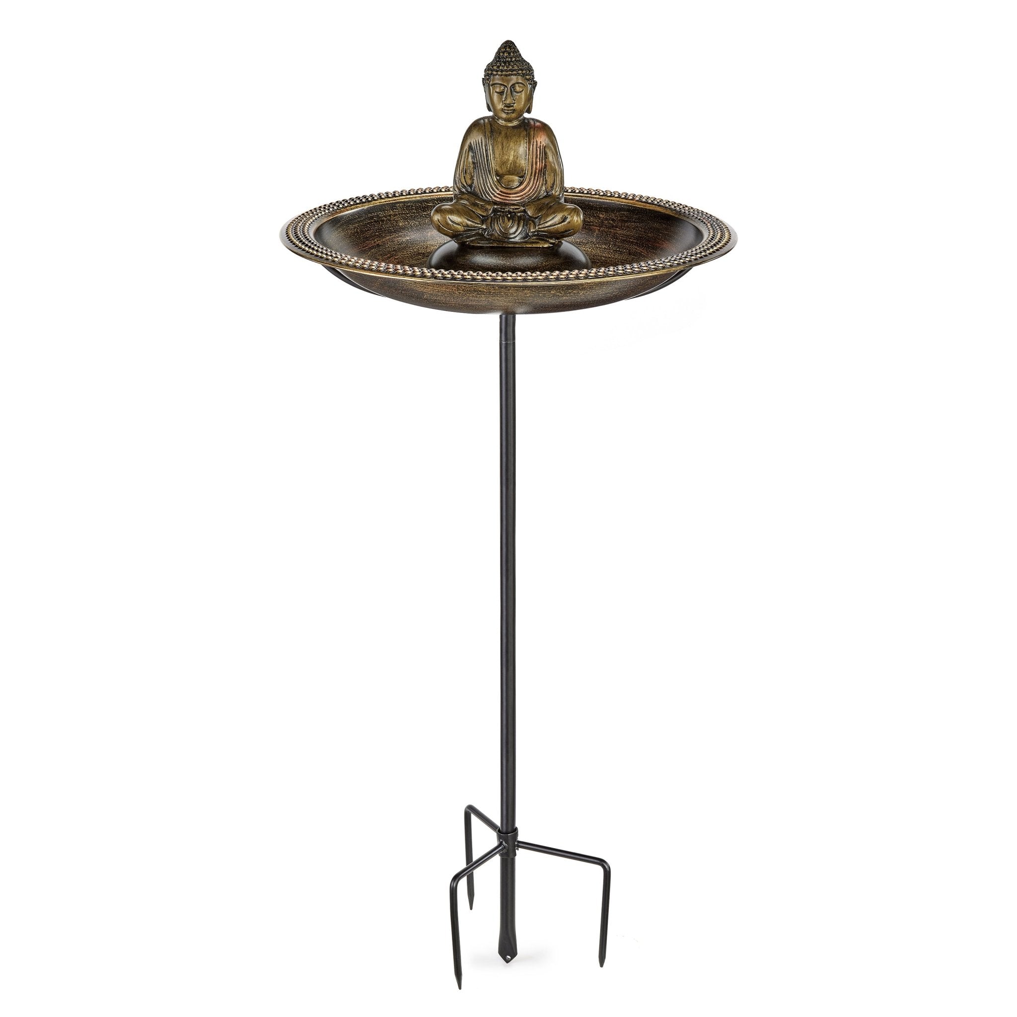 18" Beaded Copper Birdbath with Meditating Buddha and Garden Pole - Evira