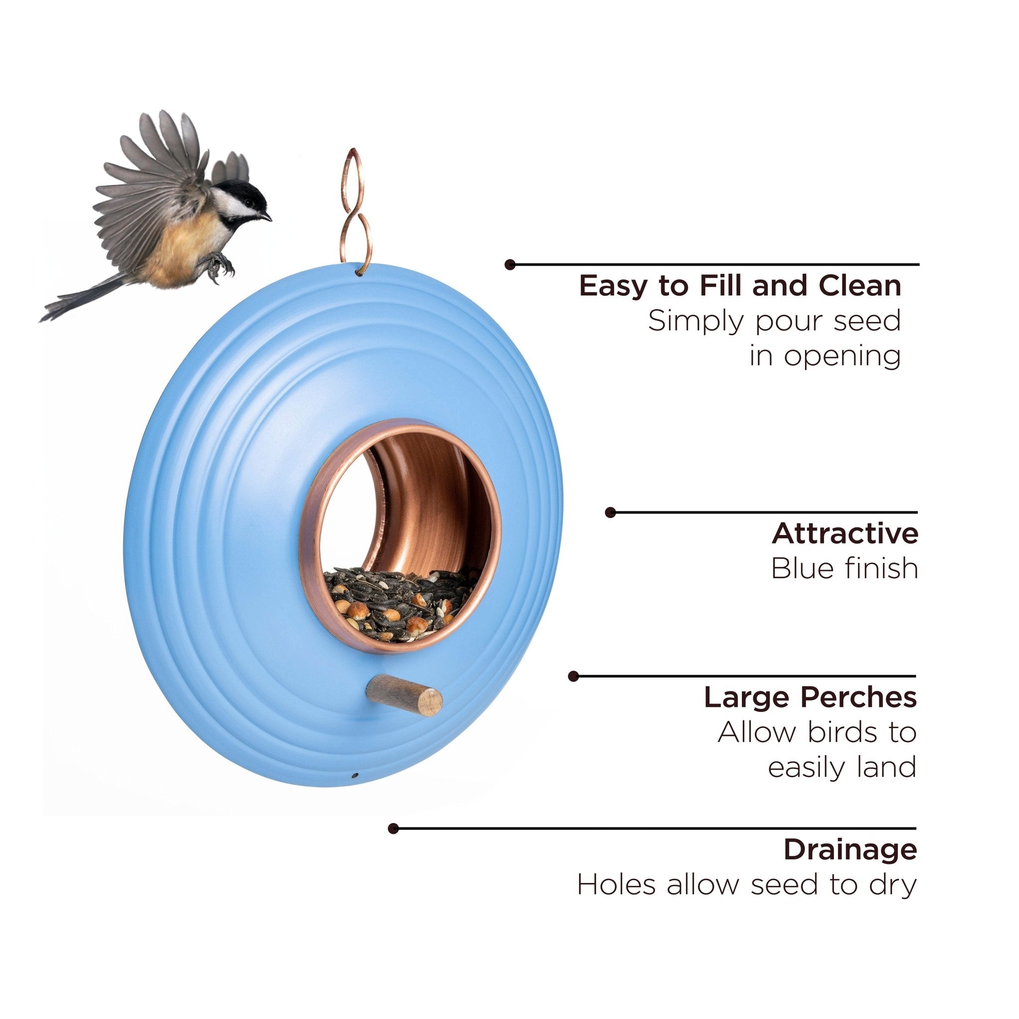 Azure Fly-Thru™ Bird Feeder, Copper Accents, Multiple Perches - Evira