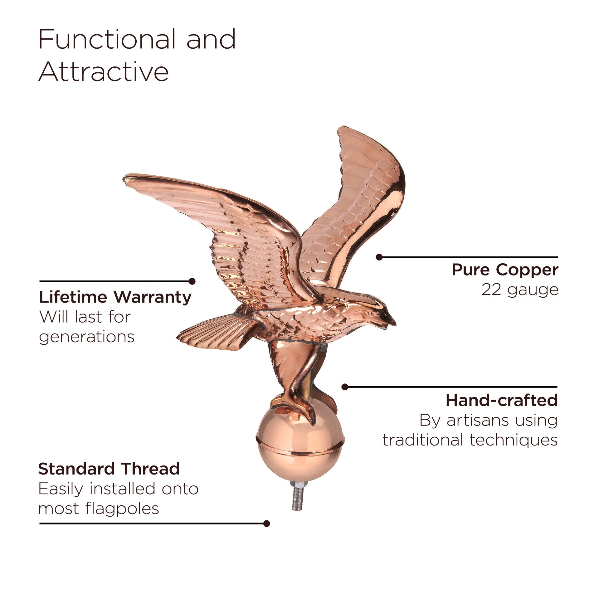 Eagle with Ball Flagpole Topper, 16" Wingspan - Evira